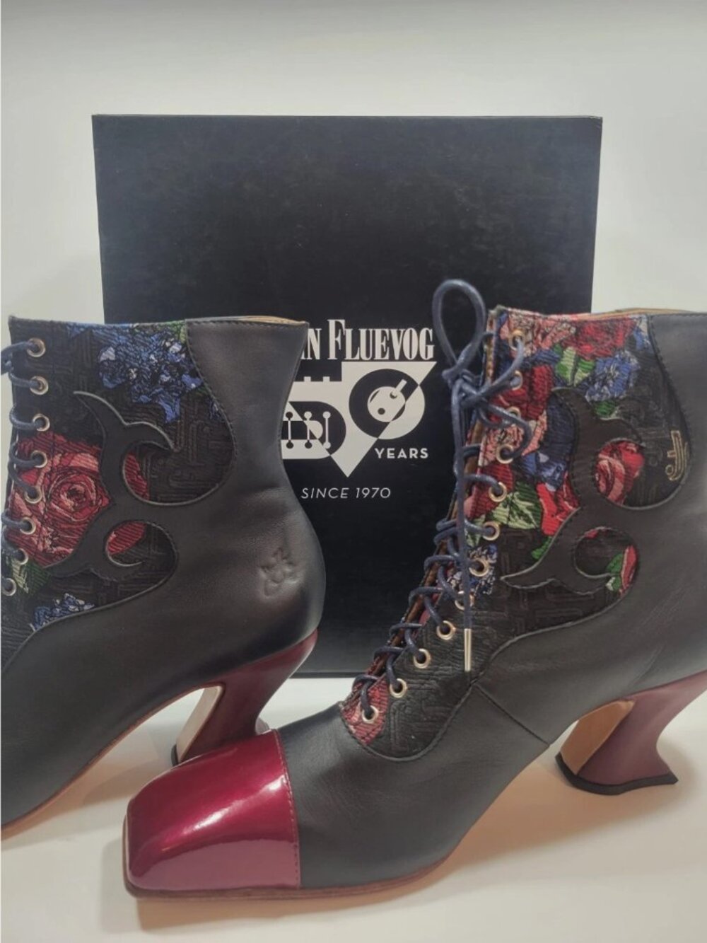 John Fluevog Black Lace-Up Ankle Boot with Red Patent Toe and Brown Heel